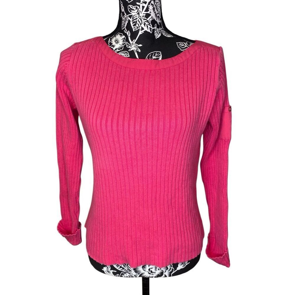 Villager Liz Claiborne Ribbed Sweater Pink Long Sleeve Pocket Top Y2K Casual